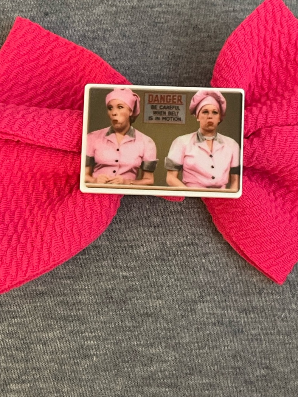 Pink Bow Hair Clip with Retro Image Accent